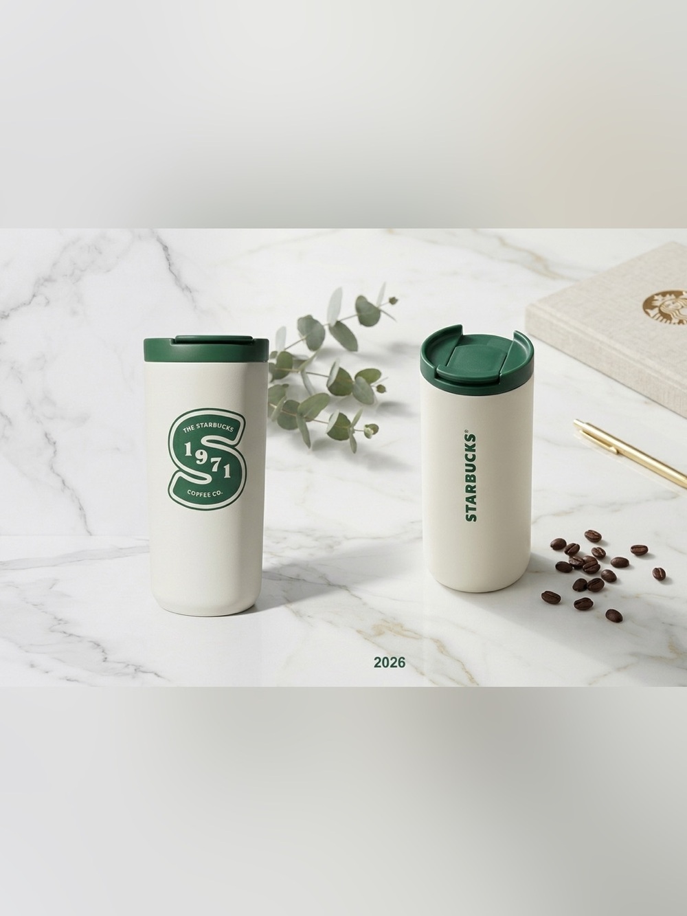 Starbucks 2026 Heritage 1971 Varsity Stainless Steel Tumbler 12oz White Green